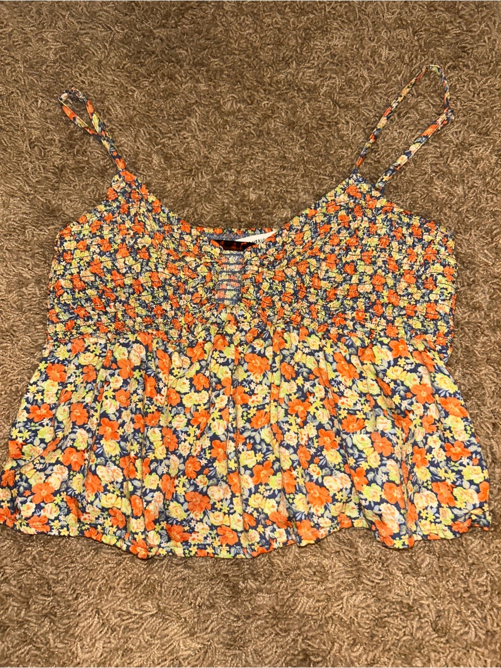 American Eagle Orange floral babydoll mini crop tank